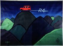 1961-Une nouvelle voiture ?... oui ! la Renault 4. "Prenez le
      volant" : un spectacle de mime jou par un couple mettait en valeur l'accessibilit du 
      coffre. La Renault 4 est prsente comme une voiture populaire, essentiellement destine 
      aux jeunes et  leur petite bourse. Renault axe la publicit de la Renault 4 sur le voyage,
      l'vasion pour tous. L'artiste Savignac dessine une affiche de type naf : une Renault 4 
      rouge se trouve au sommet d'une montagne - colline dans un paysage inconnu, qui pourrait 
      tre n'importe o. La vitesse est indique par une ligne blanche, de laquelle le nom de la 
      voiture sort 