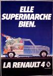 1980-L'illustrateur Jacques Toutain dessine un norme caddie ayant 
      la forme de la Renault 4, dont le coffre et les siges arrires rabattus sont remplis de 
      provisions, montrant ainsi l'norme espace exploitable. Le slogan est celui du film de 
      Klein : "Elle supermarche bien !" Le succs est complet, son bon rapport 
      qualit/prix a permis d'obtenir 84 000 immatriculations. La Renault 4 est place au 7e rang 
      mondial.