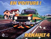 1981-Dessine dans un style naf, une affiche prsente la R4 avec 
      un air sympathique d aux couleurs gaies, aux arrondis, aux fleurs sur la voie ferre et  
      sa lgre transformation en train.